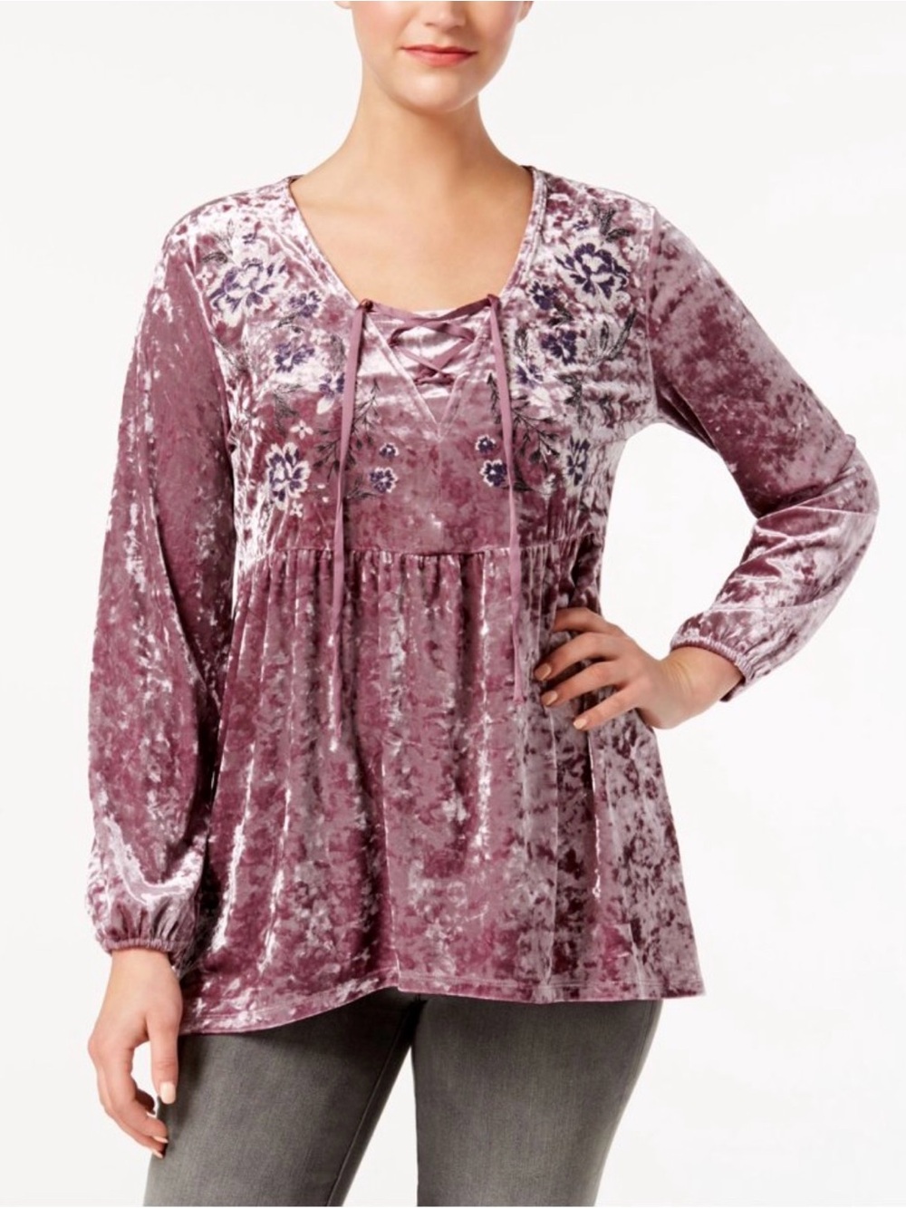 Style Co Crushed Velvet Babydoll Peplum Top Size L Petite Lavender Purple Boho